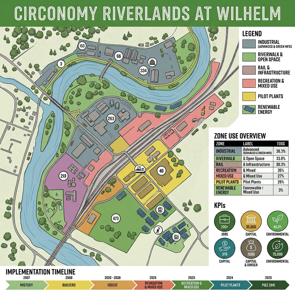Conceptual master plan of Circonomy Riverlands at Wilhelm — a large circular industrial ecosystem along a major river corridor.