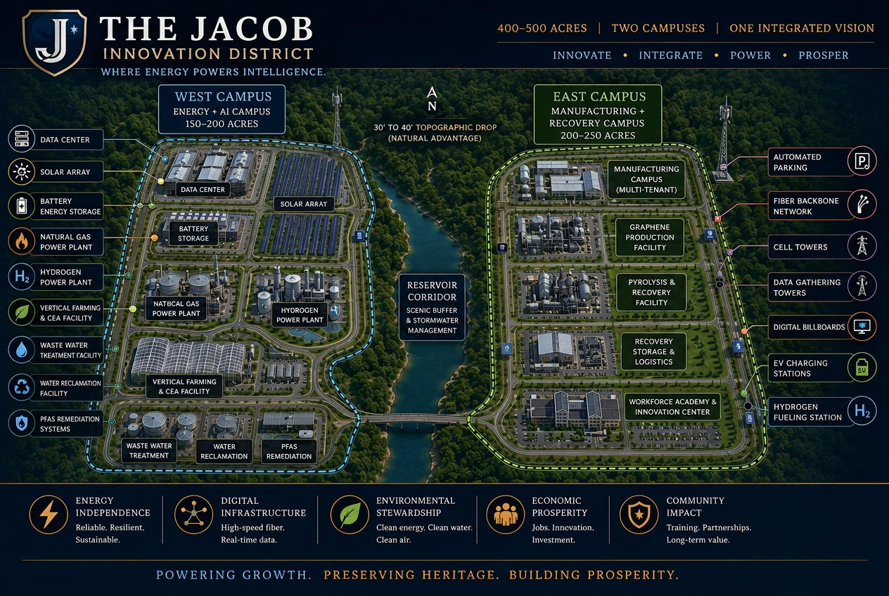 The Jacob Innovation District site plan — a two-campus district with a West Energy + AI Campus and an East Manufacturing + Recovery Campus, separated by a central reservoir corridor.